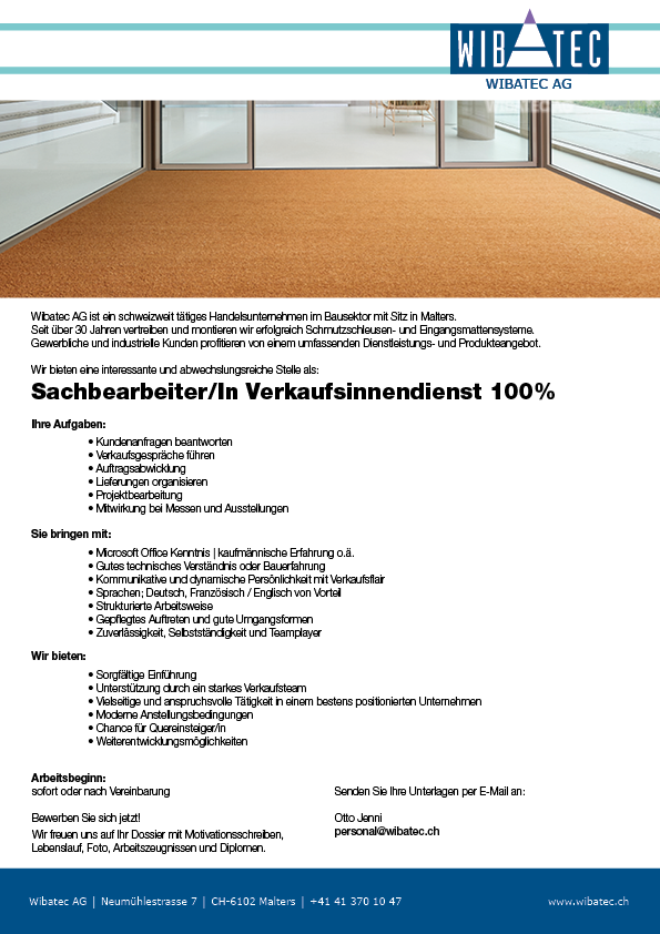 Sachbearbeiter/In Verkaufsinnendienst 100%